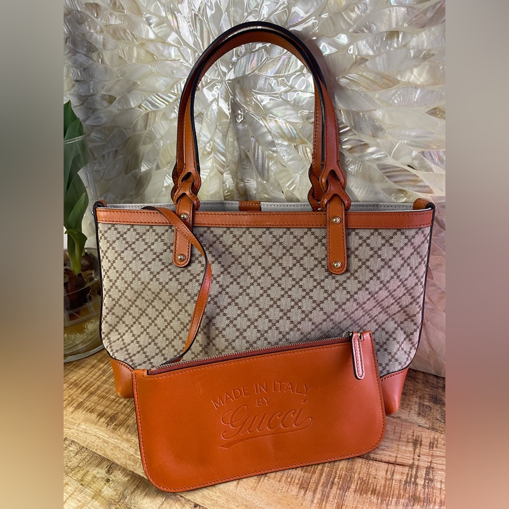 GUCCI Diamante Canvas and Golden Leather Tote with Pouch